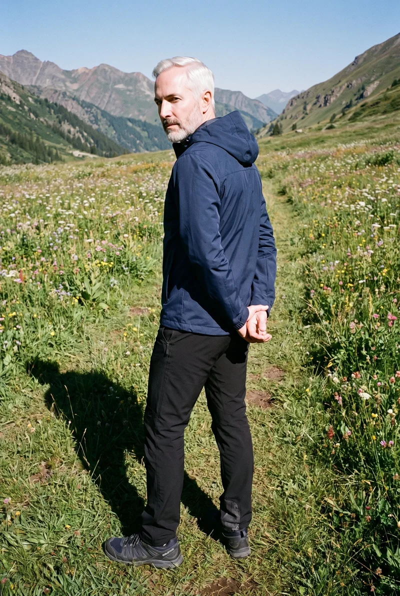 A 58-year-old Caucasian man wears a men's navy rain-shell jacket in a full-body view from an angled rear perspective, standing with his hands behind his back. A wildflower mountain meadow serves as the backdrop.