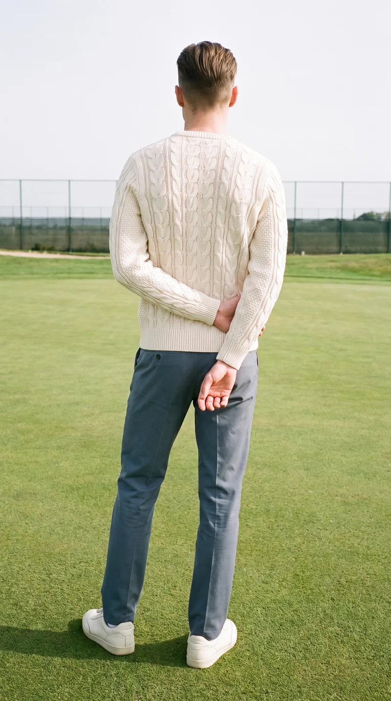 Men's Cream Cable-Knit Pullover Jumper, Environmental at Back, Clean Catalog lighting
