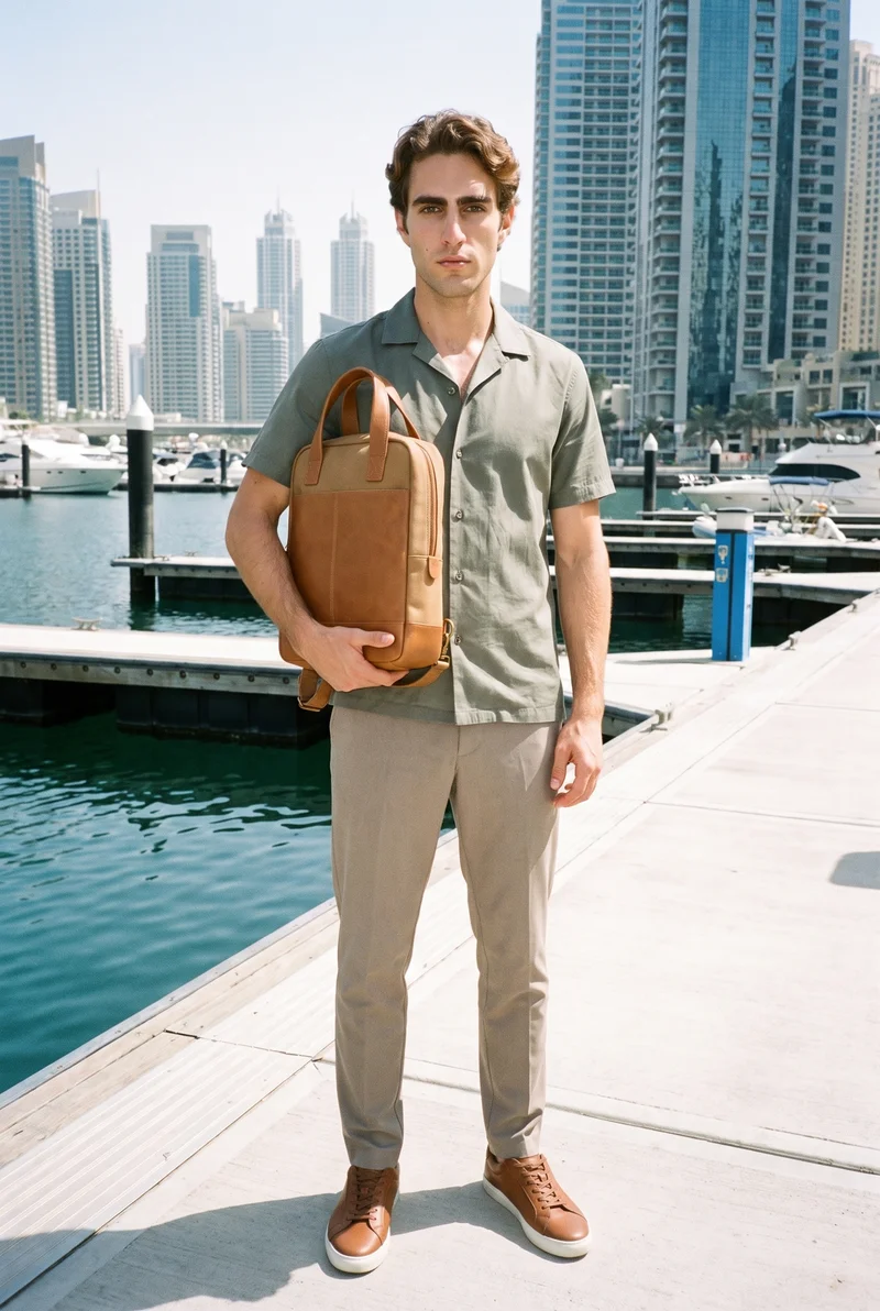 A 28-year-old Caucasian man is shown full body from the front, wearing a men's tan mini backpack on his arm. He has a fierce facial expression, and the Dubai Marina appears as the backdrop.