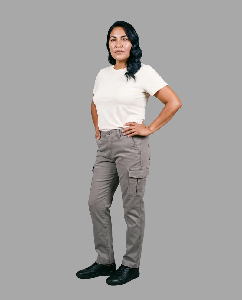 A 58-year-old Indigenous American woman models grey cargo pants in a full-body view from a front three-quarter angle. She stands in a wide stance with a confident expression against a flat Pebble Grey backdrop.