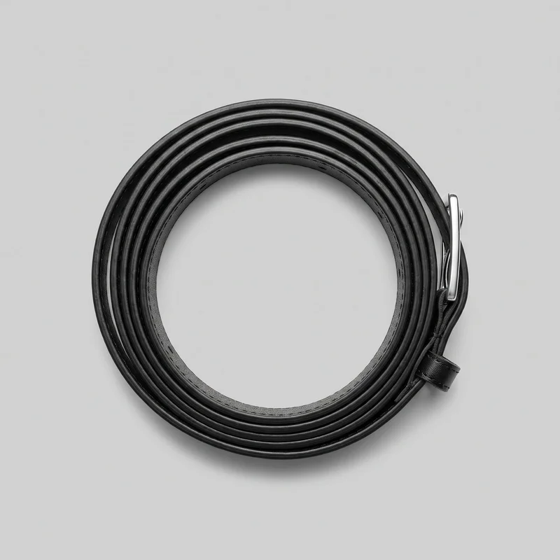A separate narrow black leather belt is coiled into a circular spiral. The smooth plain strap has rounded raised edges and punched adjustment holes along the inner run, while a keeper loop and part of the polished single-prong rectangular buckle are visible on the right side. No logos, prints, patches, embroidery, or embellishments are visible.
