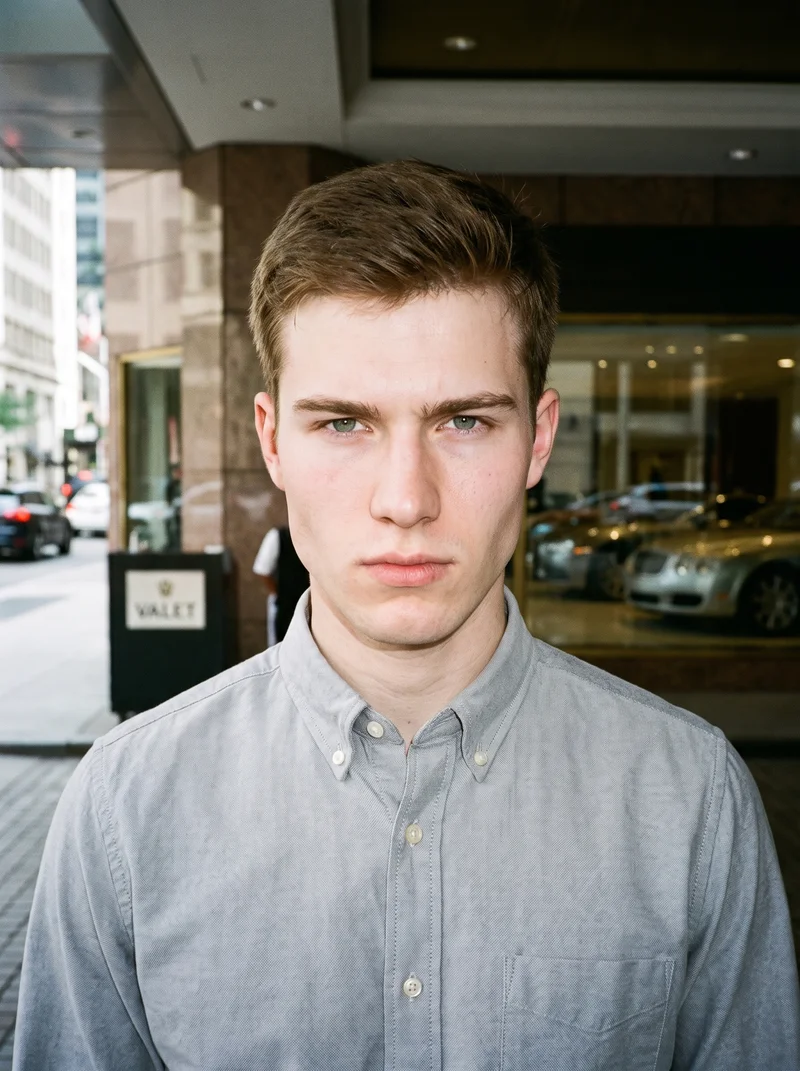 A 19-year-old Caucasian man is shown from the bust in a front view, wearing a grey cotton Oxford shirt. His head is level and his expression is intense, with a Valet Stand backdrop.