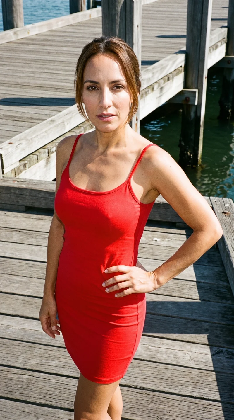 A 35-year-old Hispanic woman wears a red bodycon mini dress in a three-quarter-length front view, with one hand resting on her waist and a natural expression. A Nantucket Wharf backdrop is visible behind her.