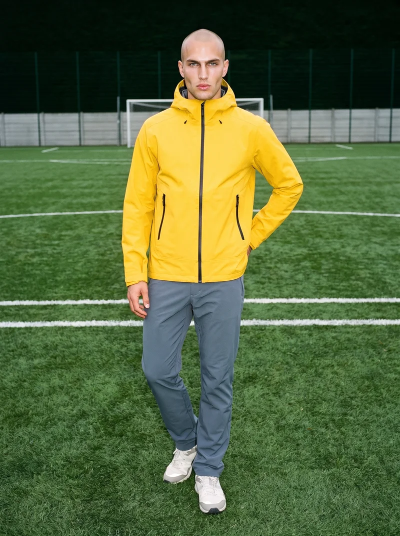 A 20-year-old Caucasian man is shown full body from the front wearing a yellow waterproof jacket. He stands with his weight back and a natural expression, against a soccer pitch backdrop.
