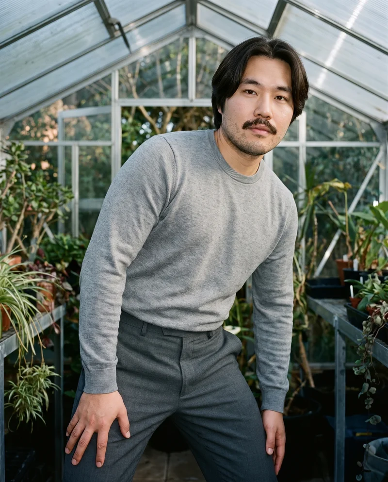 A 32-year-old Chinese man wears a grey crewneck pullover jumper in a three-quarter-length frame. He is shown from a front three-quarter angle with a waist twist and a serious expression, against a sunroom backdrop.