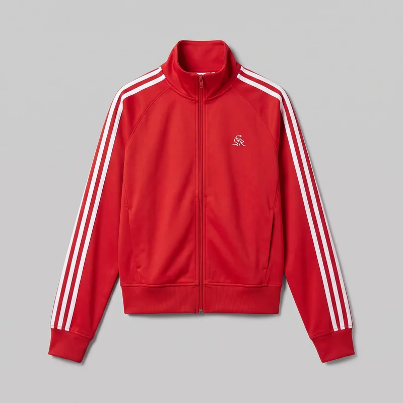 A women's red striped track jacket is laid flat in a full front view. It has a high stand collar, full-length center zipper, long raglan sleeves with parallel contrast stripes from shoulder to cuff, welt-style hand pockets, and ribbed cuffs and hem. A small stylized monogram logo is visible on the left chest.