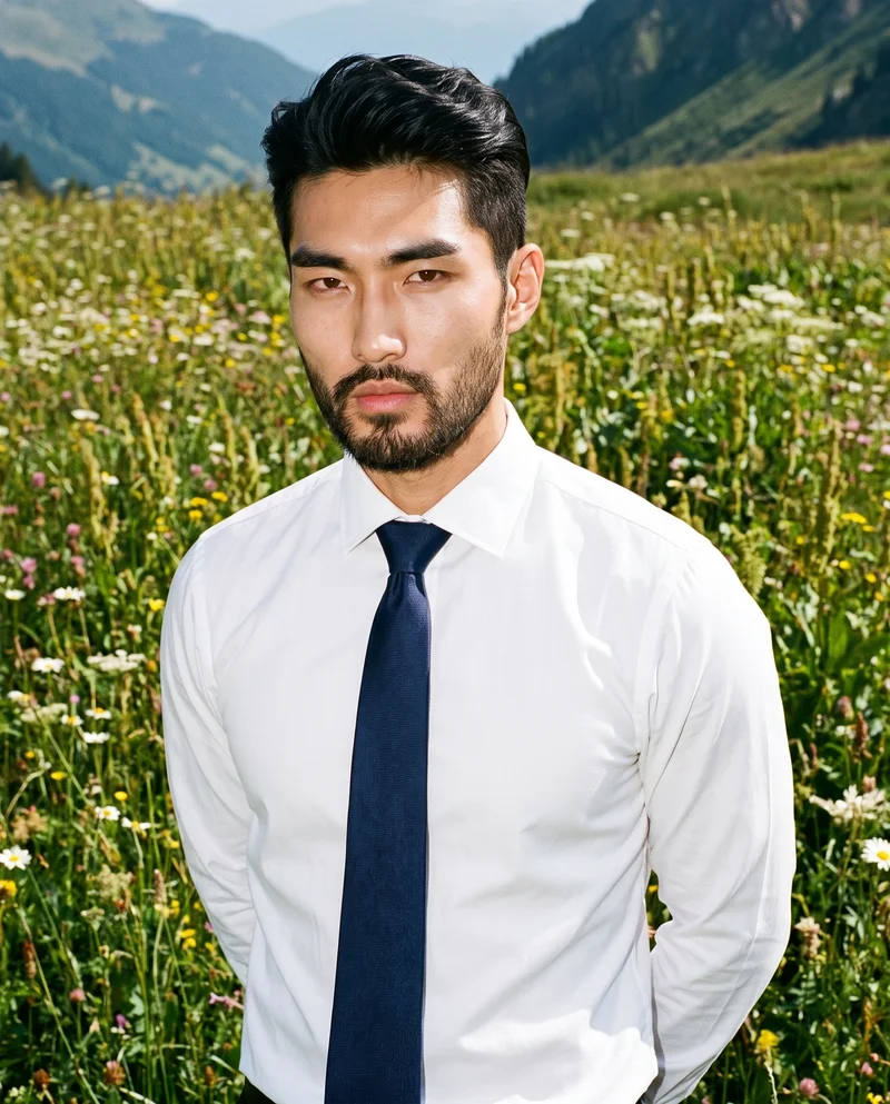A 24-year-old Korean male model wears a navy silk tie, shown from the upper body at a front three-quarter angle with his hands behind his back and a neutral expression. A wildflower mountain meadow serves as the backdrop.