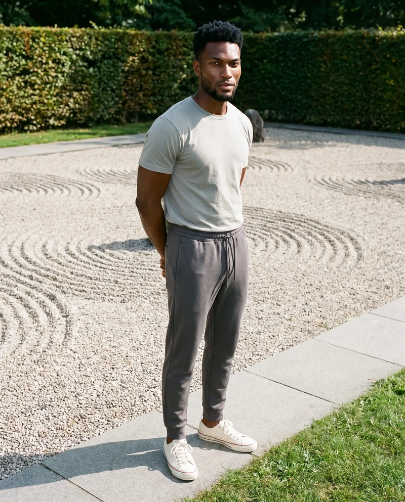 A 32-year-old African man wears charcoal fleece joggers in an environmental front three-quarter view, standing with his hands behind his back and a natural facial expression. A Zen rock garden forms the backdrop.