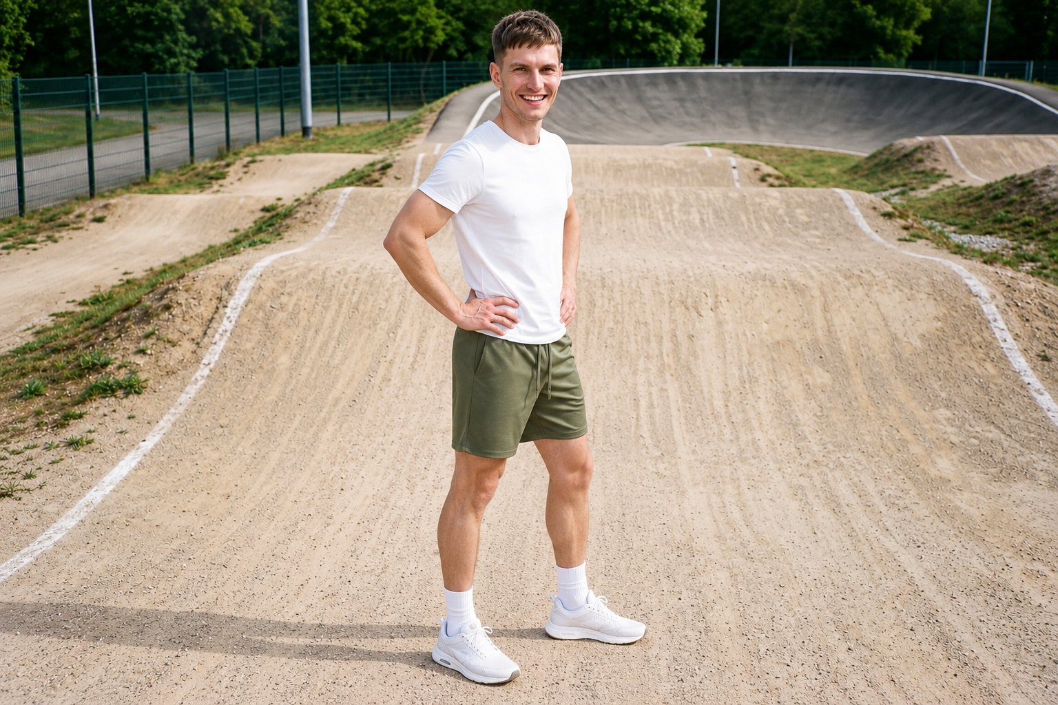 A 40-year-old Caucasian man is shown full body from an angled front view, wearing olive training shorts. He stands with his hands on his hips and a grin, with a BMX track backdrop behind him.