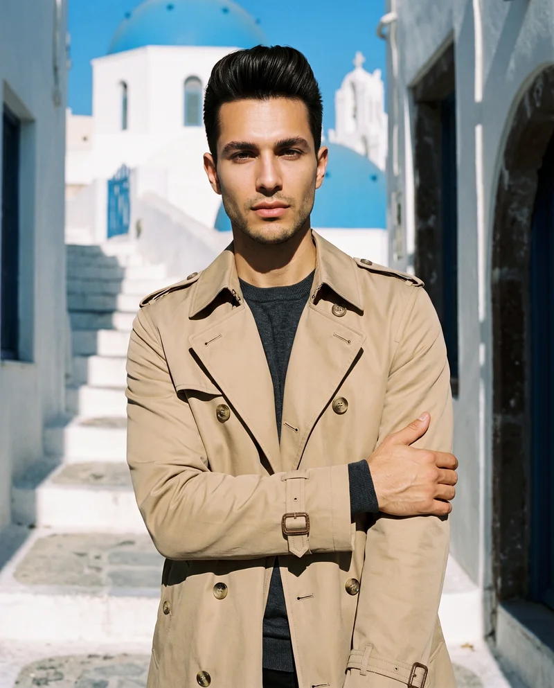 A 45-year-old Hispanic man wears a men's khaki belted trench coat in a three-quarter-length composition viewed from a front three-quarter angle. He holds one arm while presenting a confident expression, with Santorini white steps forming the backdrop.