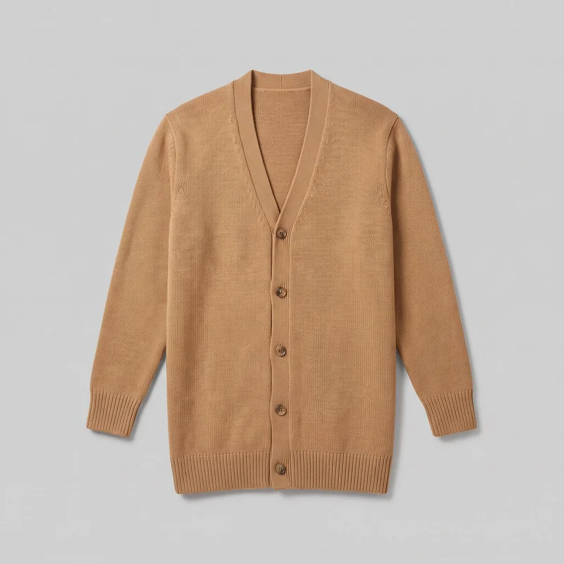A camel-colored longline knit cardigan is shown laid flat in a mostly complete front view. It has a deep V-neckline, long sleeves, a wide ribbed center placket with five visible round buttons, textured knit construction, ribbed cuffs, and a straight ribbed hem.