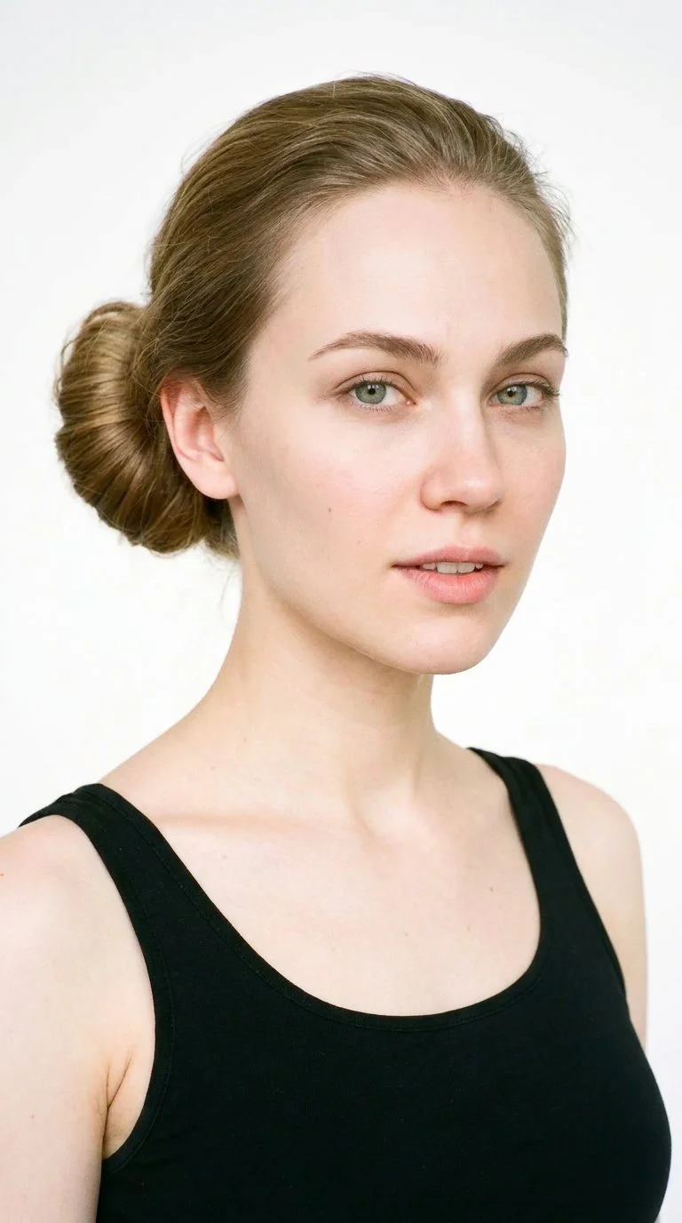 A 22-year-old Slavic woman with pale peach-toned skin and an oval face defined by balanced proportions and a softly rounded jaw. She has medium-thickness eyebrows, green eyes, and thin lips. Her dark-blonde hair is wound into a rounded bun at the back of her head.