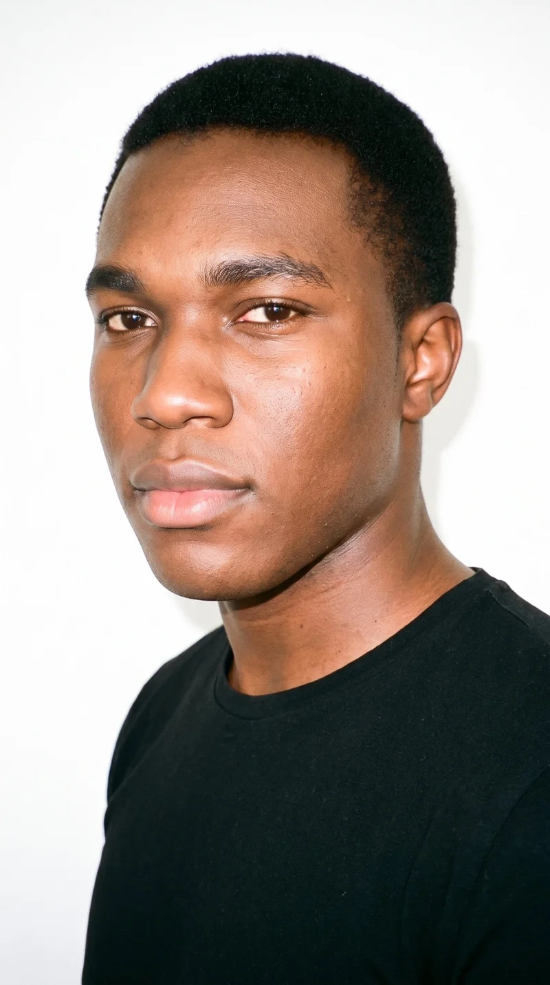 A 20-year-old African man with copper-brown skin and a reddish-copper undertone. His face is long, with more length than width, a tall forehead, and elongated cheeks. He has thick eyebrows, brown eyes, and full lips. His dark-brown hair is styled in a taper, gradually shortened at the sides and neckline while retaining length on top. He is clean-shaven, with smooth skin across the entire face.
