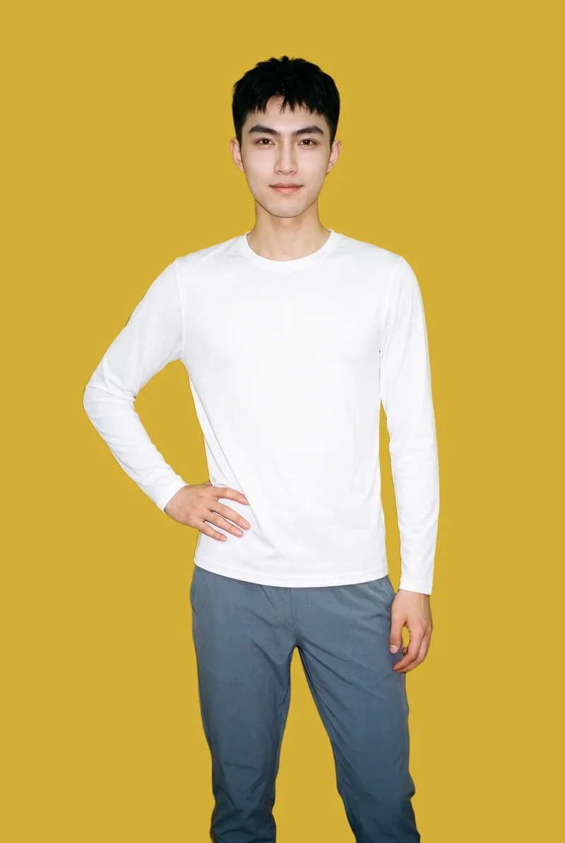 Men's White Performance Base Layer, Three-quarter length at Front, Studio Cutout lighting