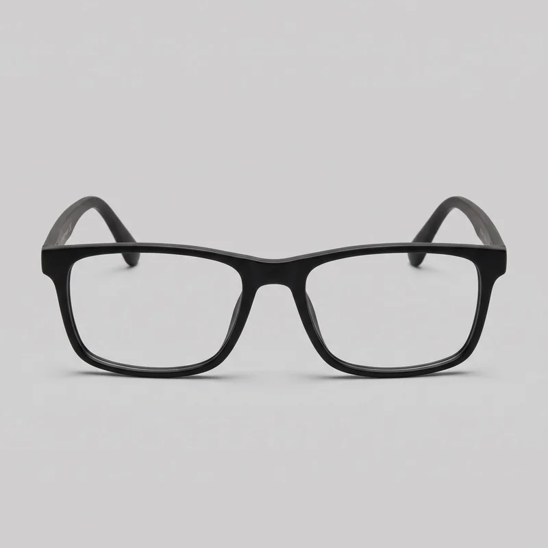 Standalone front view of black rectangular full-rim eyeglasses with clear lenses. The frames have squared lens openings with rounded lower corners, a subtly dipped bridge, block-like outer corners, smooth raised rims, and temples curving rearward from the side hinges; no logos, prints, embellishments, or separate nose pads are visible.