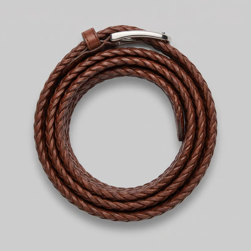 A brown men's braided waist belt is shown coiled into several loops from above. The rounded plaited cords form a continuous strap, with one end crossing over the coil; the curved metal buckle, prong hardware, and stitched keeper loop are visible near the top.