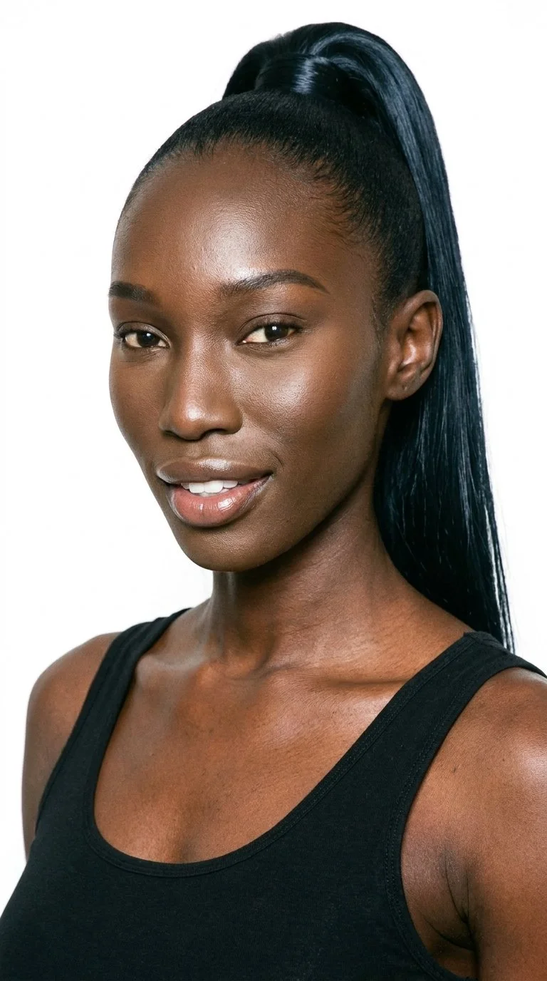 A 29-year-old African woman with very dark deep-brown to black skin and a neutral undertone. Her face is long, with more length than width, a tall forehead, and elongated cheeks. She has medium-thick eyebrows, very full lips, and very dark near-black eyes. Her deep black hair is pulled into a high ponytail on the crown.