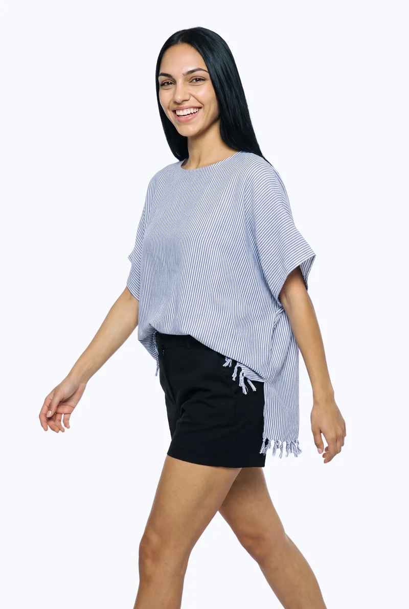 Women's Striped Beach Cover-Up, Three-quarter length at Angled front, Studio Cutout lighting