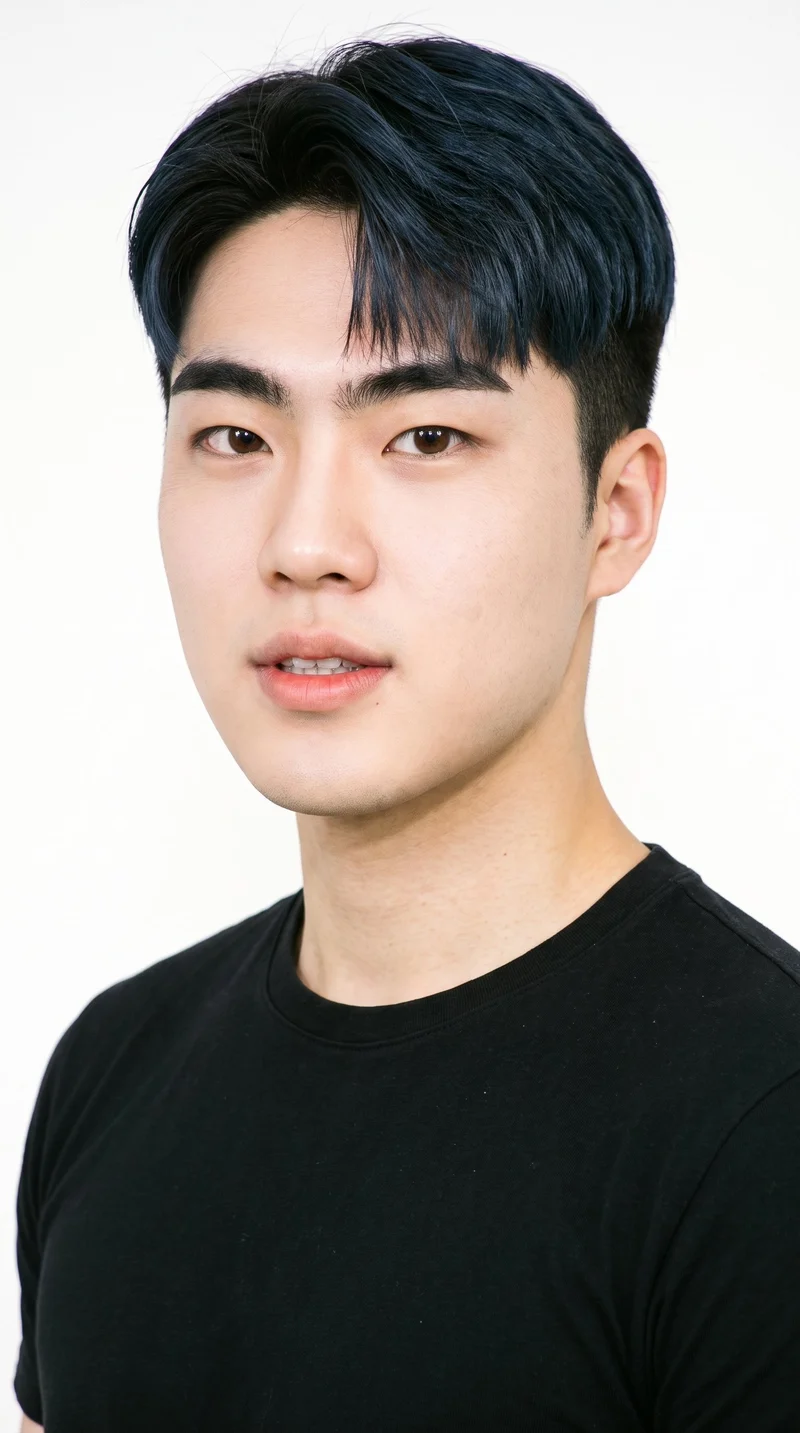 A 20-year-old Korean man with fair skin and a warm yellow undertone. His round face has soft, full contours with gentle curves and few angles, framed by thick eyebrows and brown eyes. He has thin lips, a two-block hairstyle with short sides and back and a longer, fuller top, and deep black hair. He is clean-shaven, with smooth skin across the whole face.