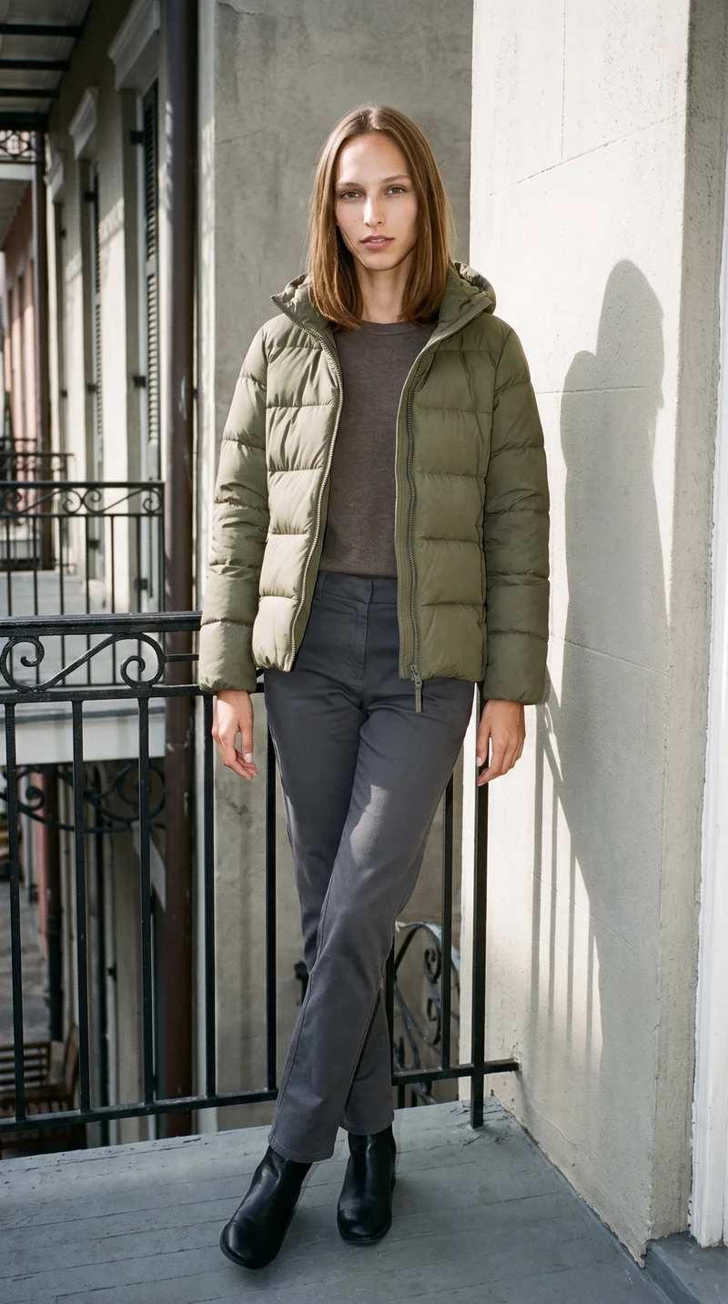 A 20-year-old Caucasian woman wears an olive down jacket in a full-body view. She stands with her ankles crossed in a front three-quarter pose and a neutral facial expression, against a New Orleans balcony backdrop.