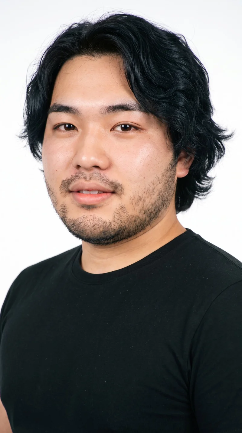 This 21-year-old Japanese man has light-tan skin with a cool undertone and an oval face defined by balanced proportions and a softly rounded jaw. His eyebrows are medium in thickness, and his eyes are brown. He has full lips and wavy black hair with gentle movement. Short, even three-day beard growth creates a clearly visible, closely groomed texture along his face.