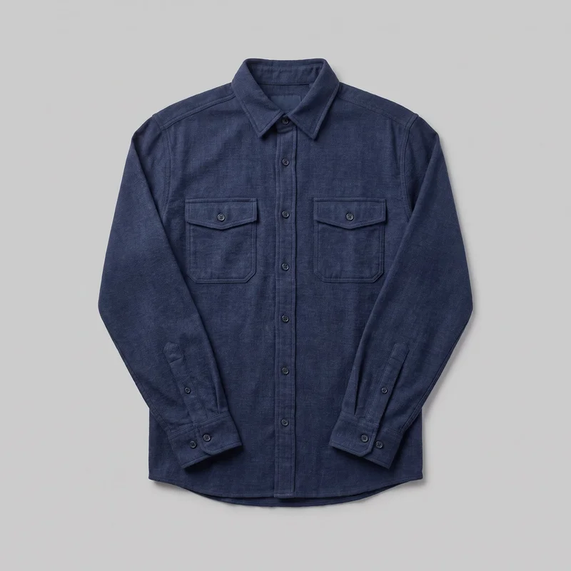 Navy flannel overshirt laid flat in a standalone front view. The long-sleeve shirt has a pointed turn-down collar, full button placket, two chest patch pockets with shaped buttoned flaps, visible shoulder and yoke seams, sleeve plackets, buttoned cuffs, and a curved shirttail hem.