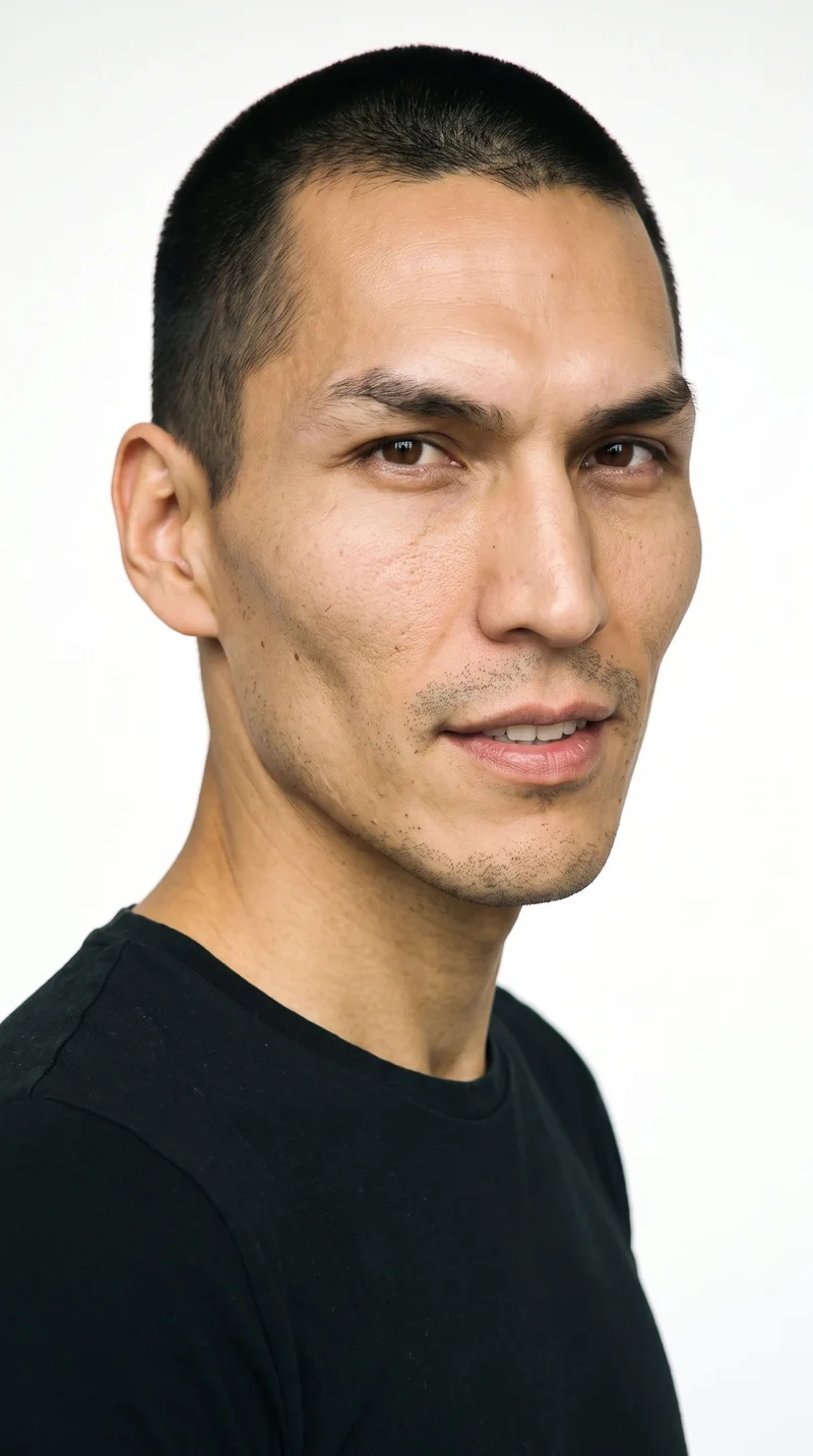 A 36-year-old Indigenous American man with medium olive skin and a red-copper, greenish-golden undertone. His face is gaunt, with hollowed cheeks and sharply sculpted bone structure. He has medium-thickness eyebrows, brown eyes, and medium lips. His black hair is clipped very short and even in a buzz cut, and fine, closely trimmed stubble lightly covers the beard area.
