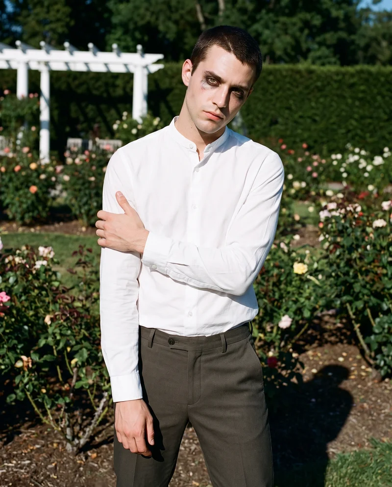 White Grandad Shirt, Three-quarter length at Front, Flash Editorial lighting