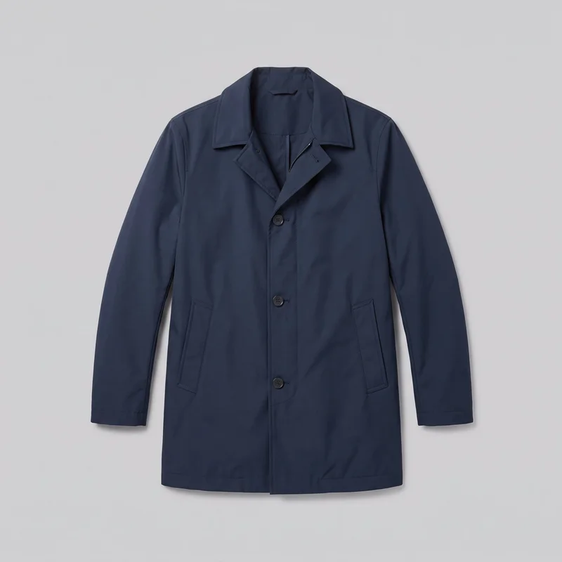 A mostly complete front view of a men's navy waterproof raincoat laid flat against an unspecified backdrop. The long-sleeve coat has a pointed turn-down collar, overlapping button-front placket with a partial zipper opening, two angled welt pockets with stitched frames, shoulder and front panel seams, simple cuffs, and a straight lower hem.