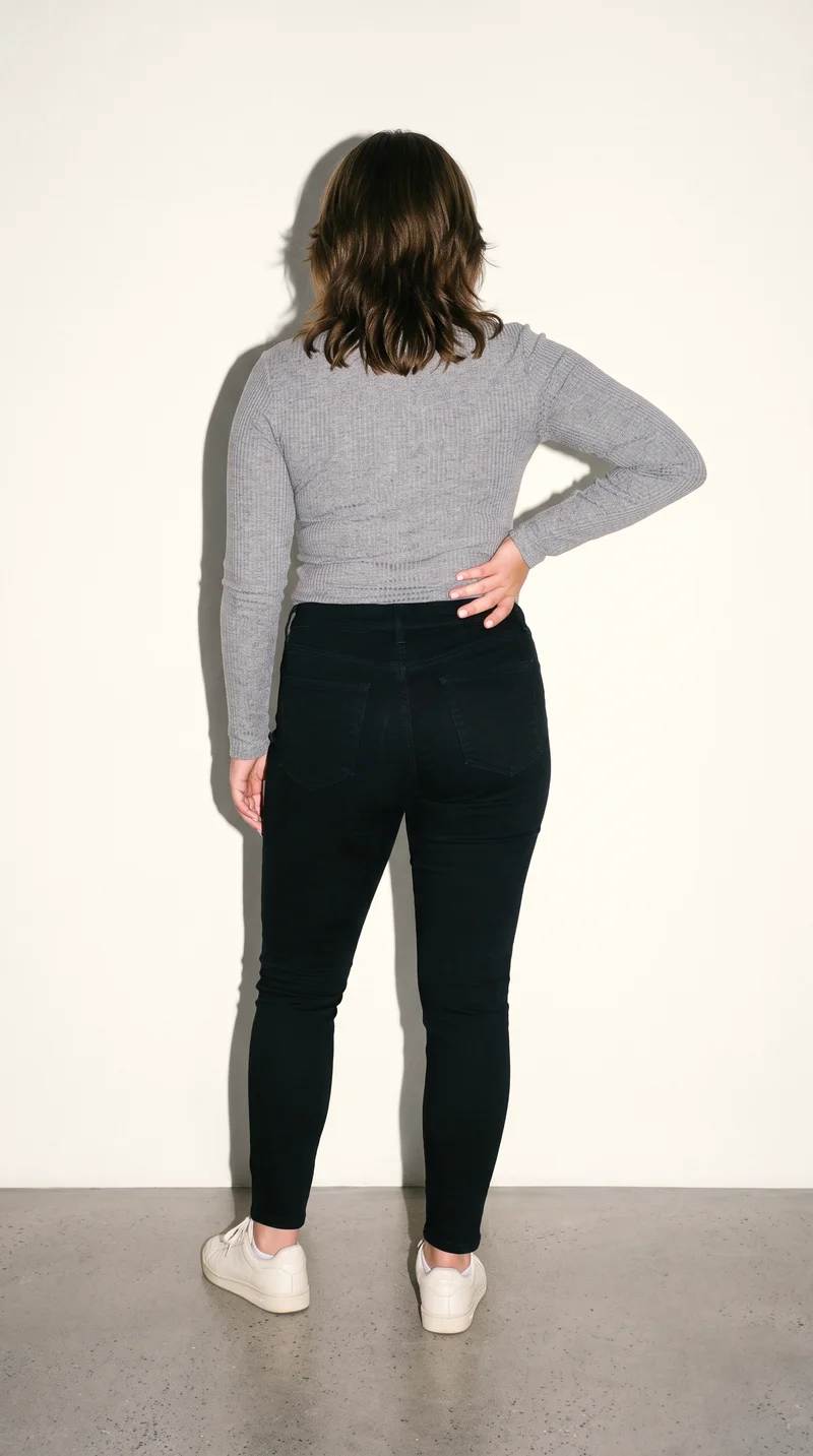 Women's Black Skinny Jeans, Full body at Back, Flash Editorial lighting
