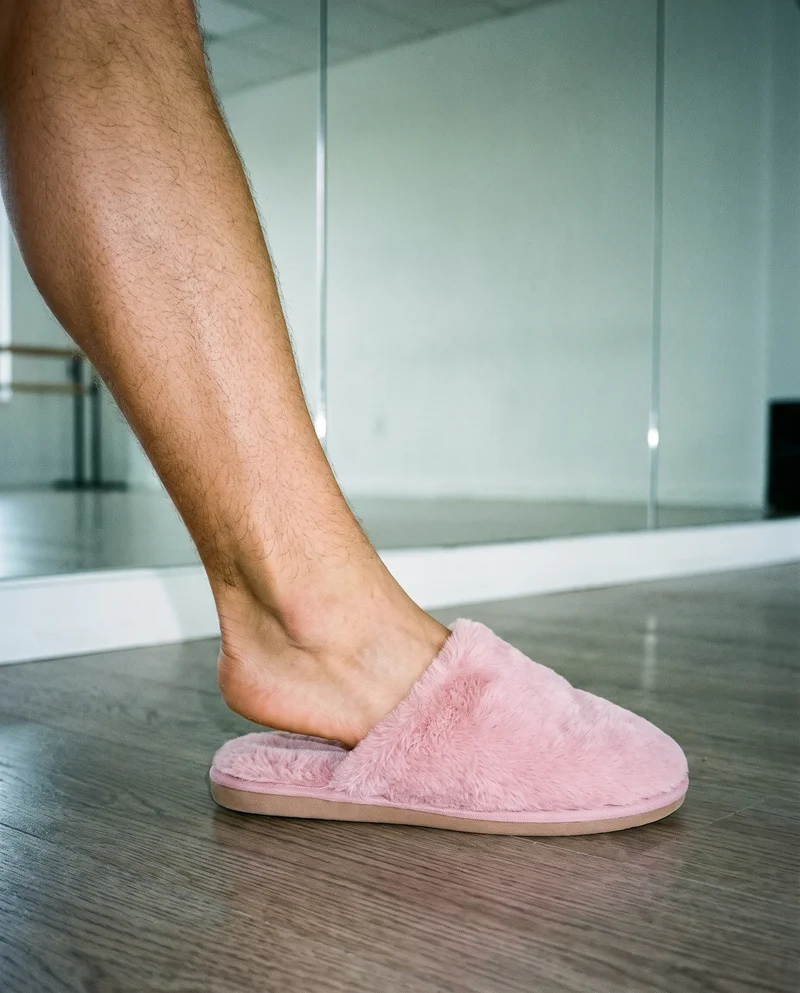 Men's Pink Fluffy Slippers, Ankle at Side, Clean Catalog lighting