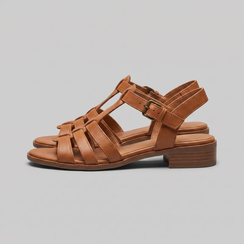 A pair of tan open-toe ankle-strap sandals is shown in a side-to-three-quarter product view, with one sandal slightly behind the other. Multiple stitched straps form a caged forefoot and central T-strap, leading to a wide ankle band with a prong buckle closure. The sandals have layered sole edging, a flat padded footbed, and a low stacked block heel.
