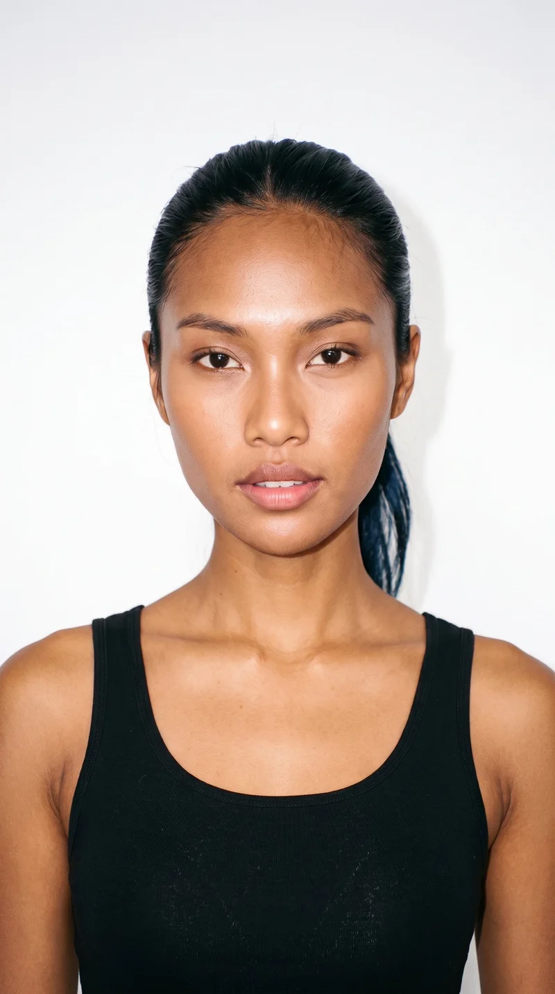 A 20-year-old Southeast Asian woman with medium-brown skin and a neutral undertone. Her oval face has balanced proportions and a softly rounded jaw. She has thin eyebrows, brown eyes, and full lips. Her deep black hair is tied back into a ponytail with a single length falling behind her.