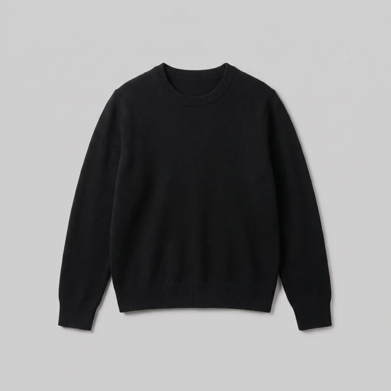 A complete front view of a black cashmere knit pullover sweater arranged as a standalone flat lay. It has a regular straight silhouette, a round ribbed crew neckline, set-in long sleeves, ribbed cuffs, a smooth plain-knit body, and a straight ribbed bottom hem.
