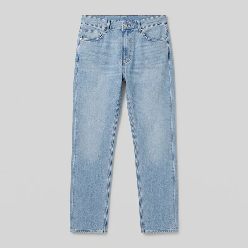 Men’s light wash straight-leg jeans shown in a complete front flat-lay view. The jeans have a mid-rise waistband, button closure, fly placket, belt loops, five-pocket styling with curved front scoop pockets and a coin pocket, metal rivets, visible seams, contrast topstitching, and plain stitched hems.