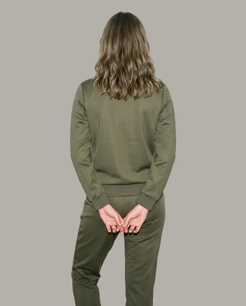 Women's Olive Tracksuit, Three-quarter length at Rear, Studio Cutout lighting