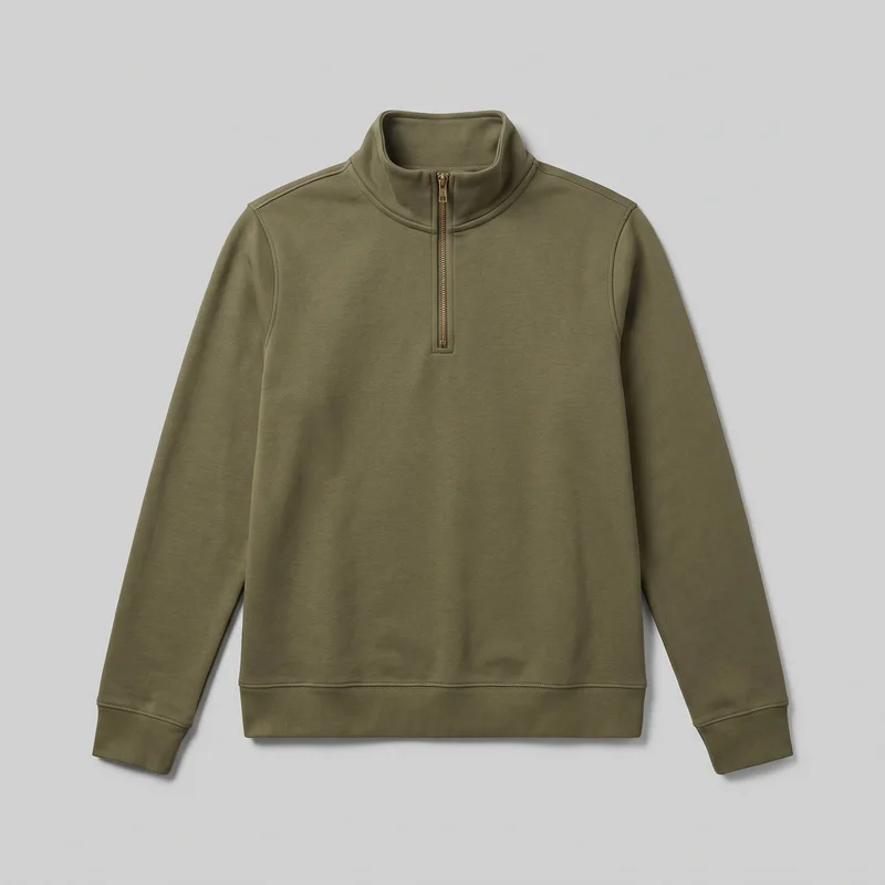 An olive women's quarter-zip pullover sweatshirt is shown laid flat in a complete front view. It has a high stand collar, centered partial zipper with a rectangular placket and visible pull tab, long sleeves with wide ribbed cuffs, curved seams around the collar and shoulders, and a straight hem with a wide ribbed bottom band.