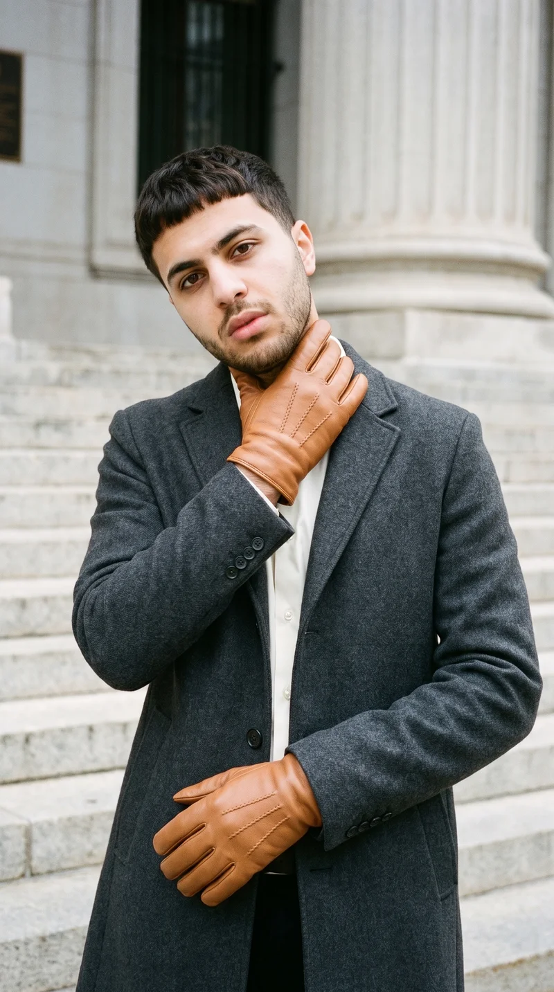 A 20-year-old Arab man is shown from the front in an upper-body view, wearing tan driving gloves with one hand resting on his neck. He has a neutral expression, with a courthouse steps backdrop.