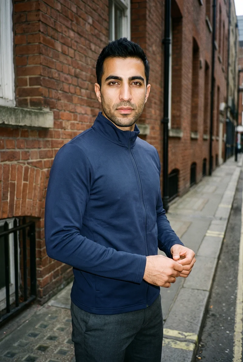 A 42-year-old Arab man wears a navy tracksuit top in a three-quarter-length view from the front at a three-quarter angle. He is smiling with his hands held in front, against a bicycle lane backdrop.