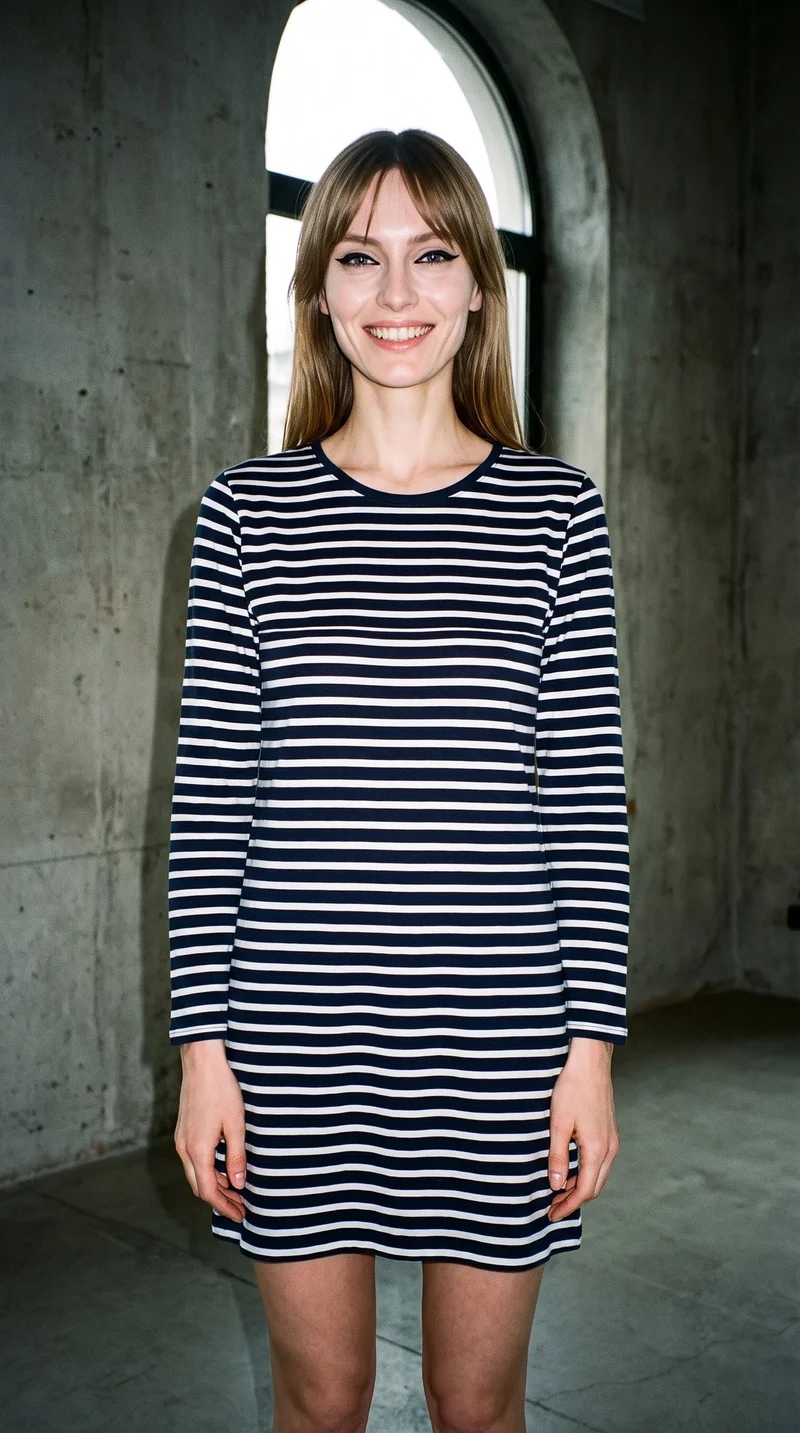 A 27-year-old Slavic woman stands straight in a front-facing three-quarter-length view, wearing a striped nightdress and grinning. Massive loft windows form the golden backdrop.