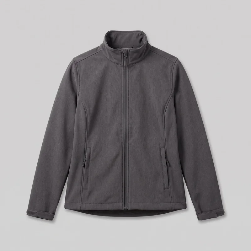 A mostly complete front view of a women's grey softshell jacket laid flat against a backdrop. It has a high stand collar, full-length center-front zipper, two vertical zip hand pockets, curved front shaping seams, shoulder yoke seams, long sleeves, and adjustable wrist cuff tabs. The straight front hem has a slightly dipped curved back edge visible below, with topstitching along the seams, collar, hem, pocket edges, and sleeve ends.