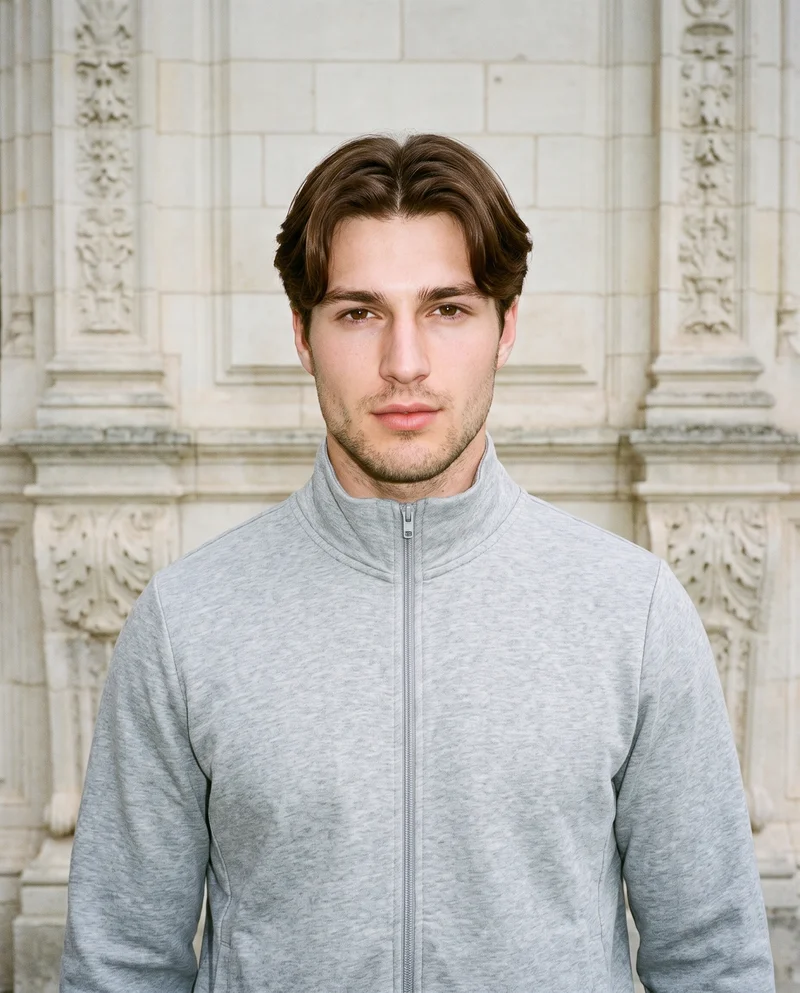 A 25-year-old Caucasian man wearing a grey marl tracksuit is shown in a front-facing bust view with his shoulders square and a neutral expression. A French chateau serves as the backdrop.