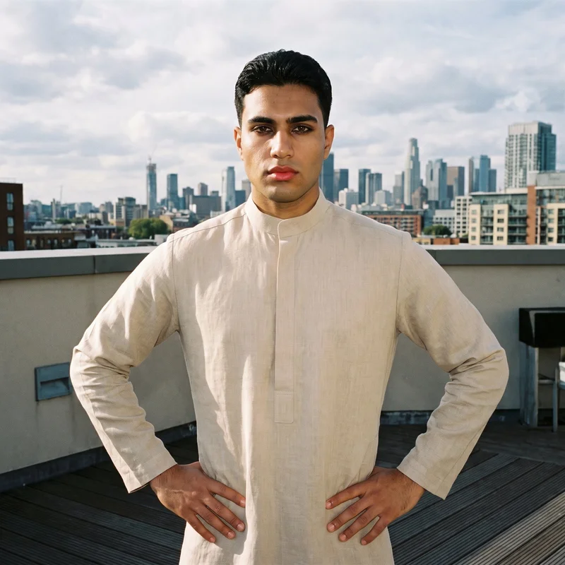A 19-year-old Arab man wears a beige linen thobe in an upper-body, front-facing view. He stands with his hands on his hips and a neutral expression against a warehouse rooftop skyline backdrop.