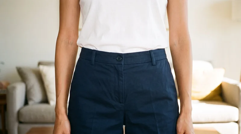 Women's navy tailored shorts shown from the front, framed at the hips with the model standing with her hips level. A home living room serves as the backdrop.