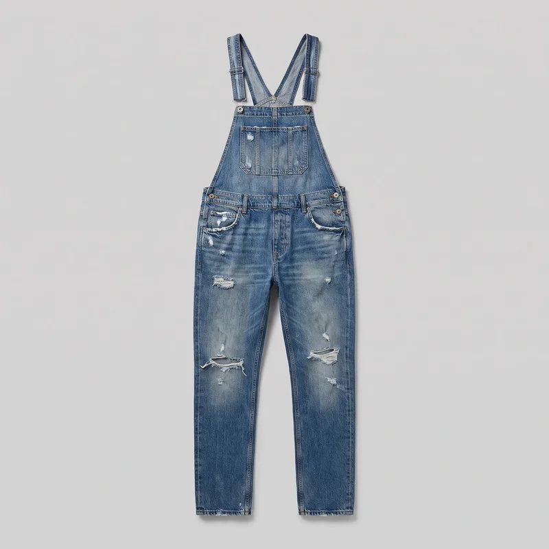 Men's distressed denim dungarees shown in a full front flat-lay view. The overalls have a high bib with a divided rectangular patch pocket, adjustable shoulder straps with metal slider adjusters and round clasp hardware, a waistband with belt loops and side button closures, curved hip pockets, and full-length straight-to-slightly tapered legs. Multiple frayed distressed tear patches are visible across the front pockets, thighs, knees, and lower legs.