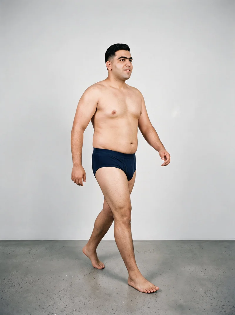 Men's Navy Briefs, Full body at Angled front, Clean Catalog lighting