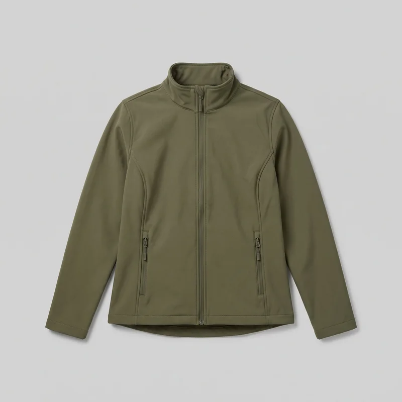 An olive softshell jacket is shown laid flat in a mostly complete front view. It has a lightly tailored regular fit, a full-length center zipper, an upright stand collar with a rounded top edge, set-in long sleeves, two low vertical zippered hand pockets, curved front panel seams, and stitched edges at the collar, cuffs, pockets, and hem. A slightly dipped curved back hem is visible below the front hem.