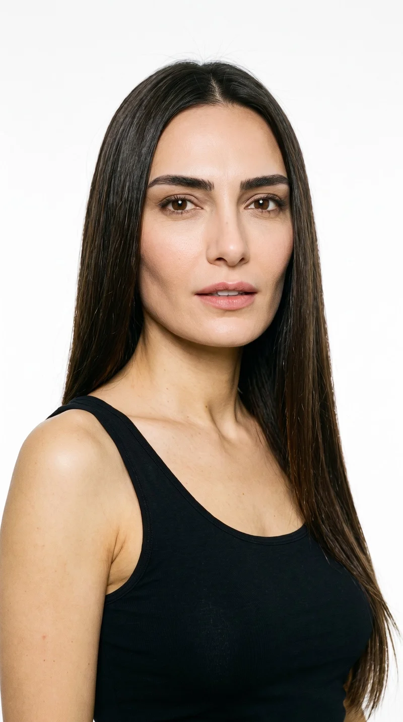 This 46-year-old Turkish woman has a medium olive skin tone with a greenish-golden undertone. Her square face has a strong, defined jaw and a broad forehead, creating an angular, structured appearance. She has thick eyebrows, very dark near-black eyes, and medium lips. Her dark-brown hair is long and falls straight without waves or layers.