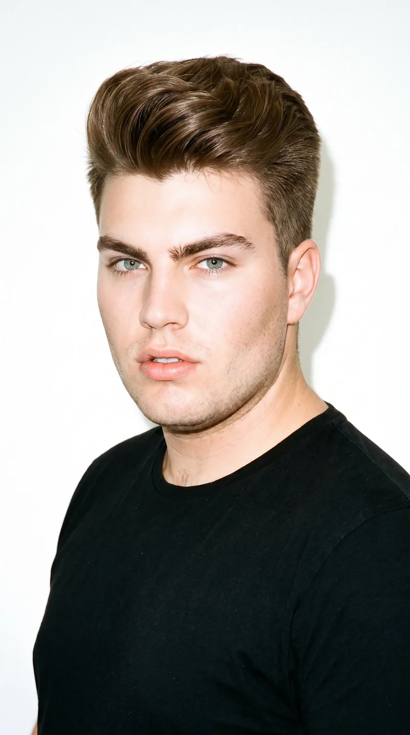 This 20-year-old Caucasian man has a medium olive skin tone with a peach undertone. His face is chiseled, with sharp angular features, a defined jaw, and pronounced cheekbones. He has thick eyebrows, blue eyes with a cool undertone, and full lips. His light-brown hair is styled in a quiff, brushed up and back at the front with shorter sides. He is clean-shaven, with smooth skin across the whole face.
