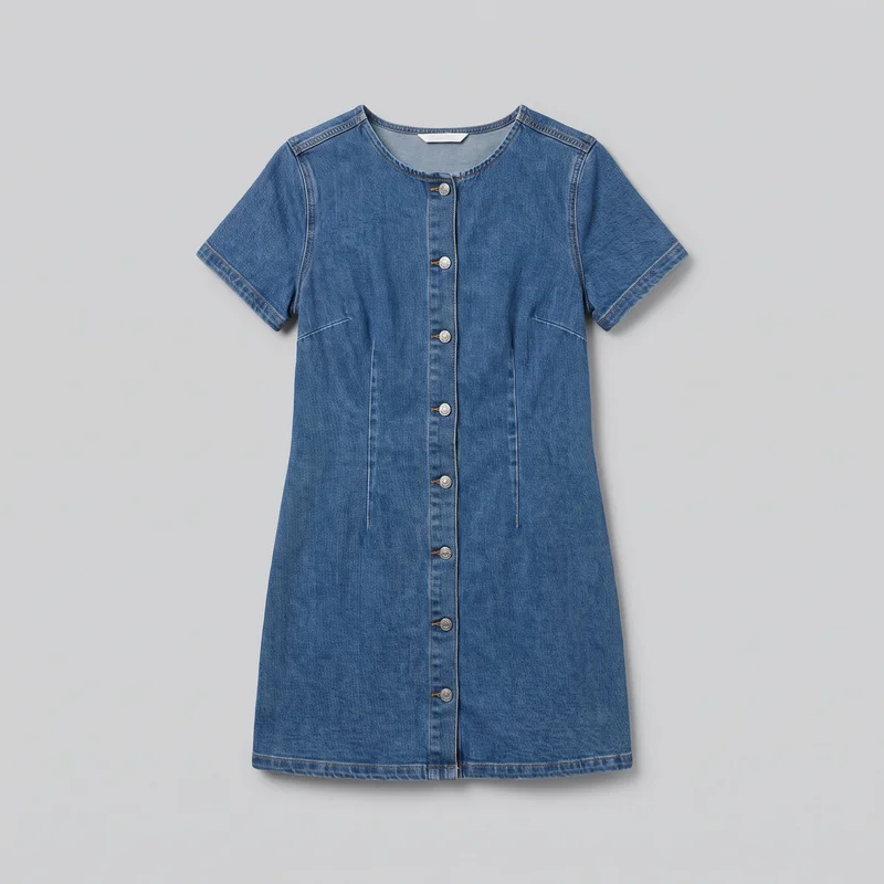 A complete front view of a women's short-sleeve denim mini dress shown as a standalone product. It has a rounded crew neckline, structured shoulder yoke panels, a full center-front placket with round metal buttons, visible topstitching, vertical front shaping seams, short angled bust and waist darts, and a tailored slightly A-line silhouette ending in a straight short hem.